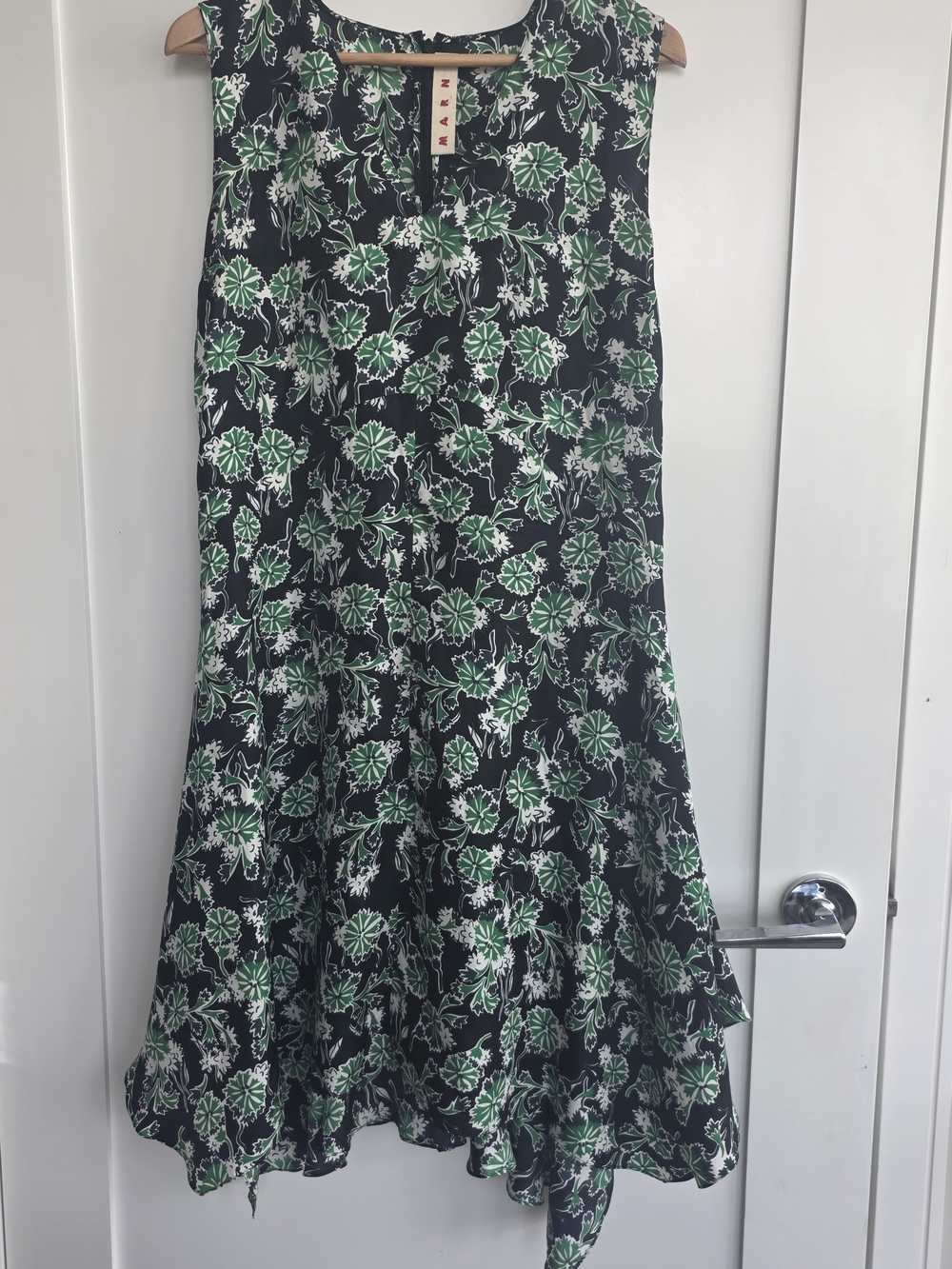 Marni Black Floral Midi Silk Dress with Green and White Flowered Print